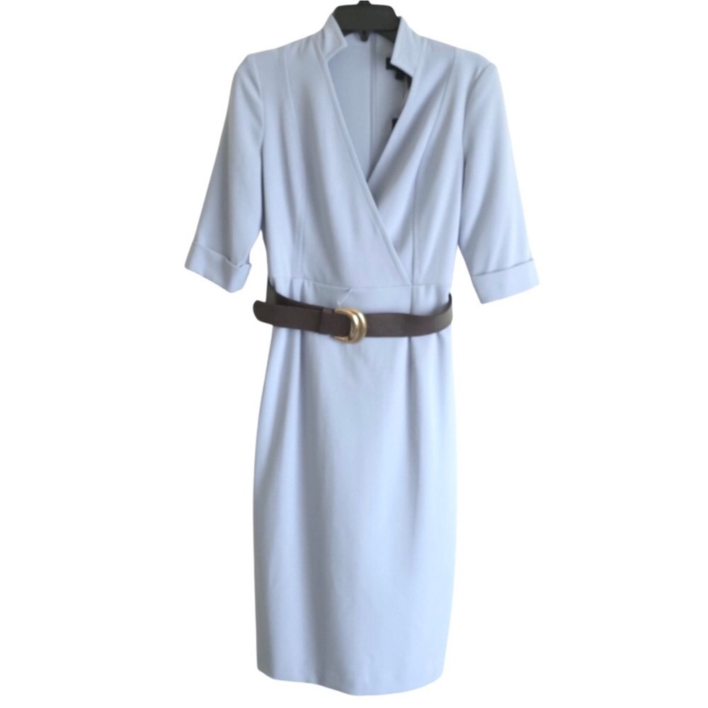 Donna Karan New York Blue Crepe Belted Three Quarter Sleeve V Neck Dress Size 10 - Picture 2 of 10